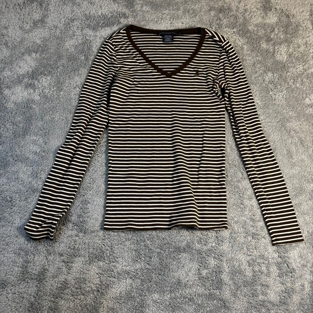 Ralph Lauren Sport Brown White Striped V-Neck Long Sleeve Pima Cotton Top Small